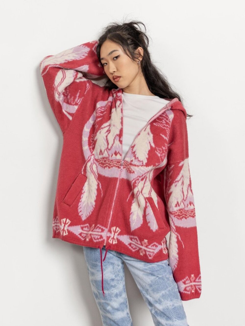 Fleece Knit Hoodie Vintage Wolves Blanket Oversize Jacket - Picture 7 of 13